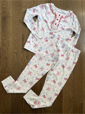 Little English Kids White Red & Blue Fireworks Flag Pajama Set size 8